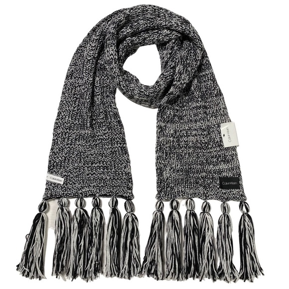 Calvin Klein Scarf, Black & White w/ Long Knotted Tassel Fringe, Wool Blend - Picture 3 of 6